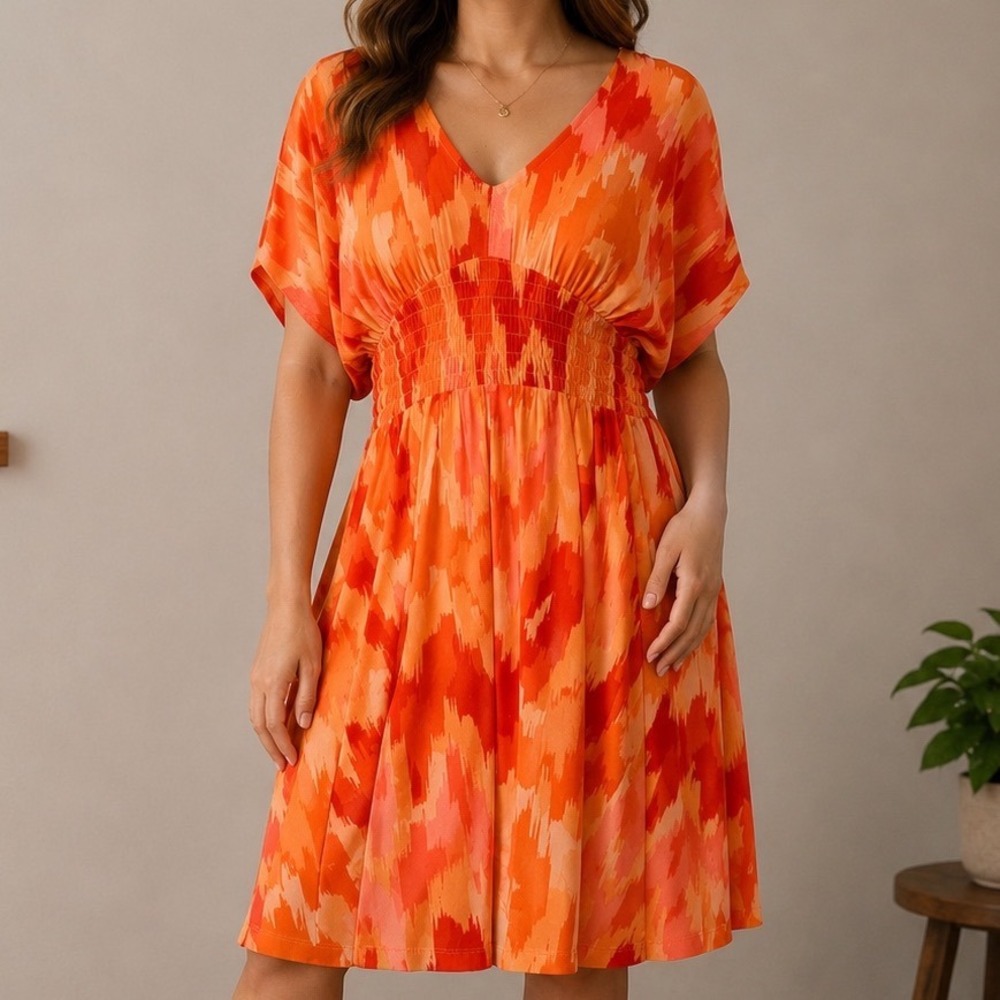 Old Navy NWT Orange Ikat Smocked Waist Dress XL Petite Boho Resort Sundress